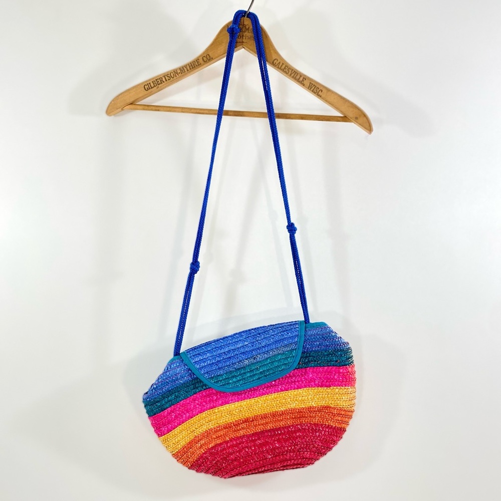 Vintage Rainbow Stripe Crossbody  Straw Basket Purse Shoulder Bag Clutch EUC